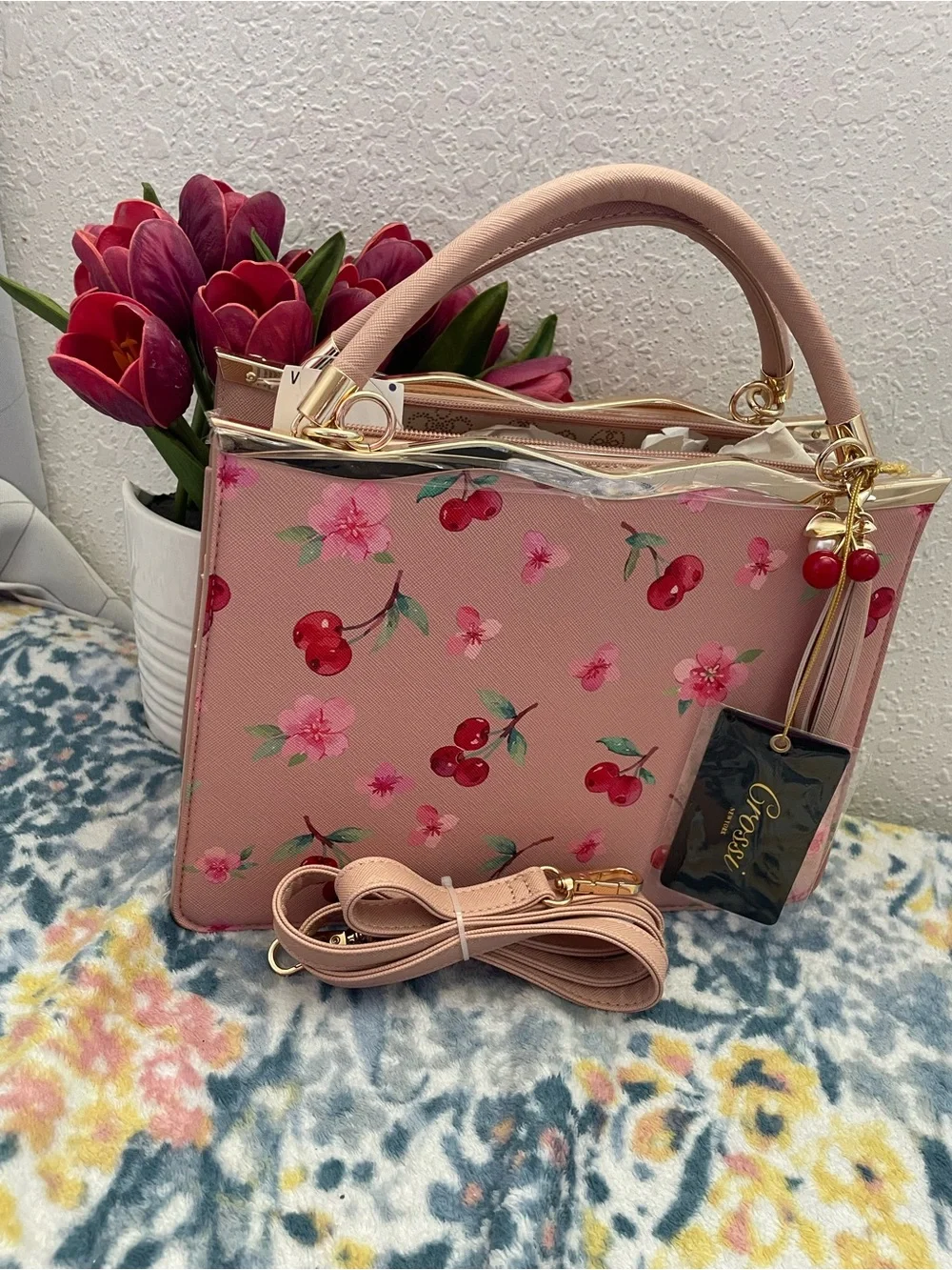 Pink Floral & Cherry Print Structured Satchel